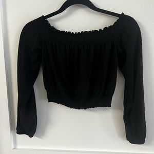 Black knit gauze off the shoulder crop top